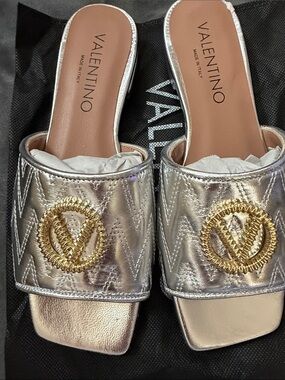Valentino Metallic Silver Quilted Slide Sandals with Gold Logo
